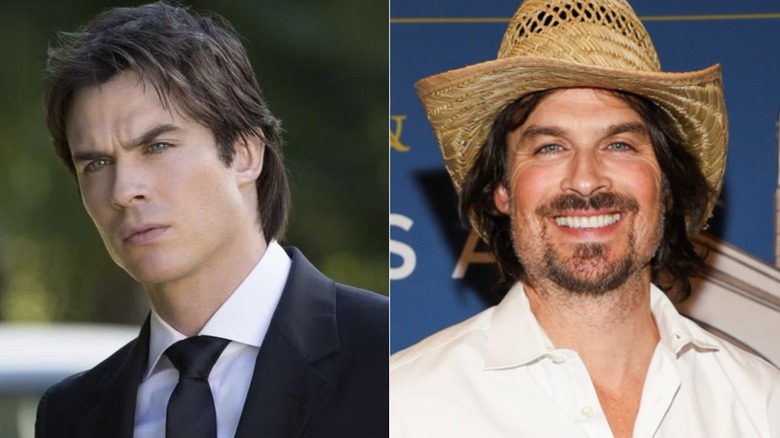 Damon frowning in "The Vampire Diaries" and Ian Somerhalder smiling at a book signing event at Barnes & Noble in California in 2025.