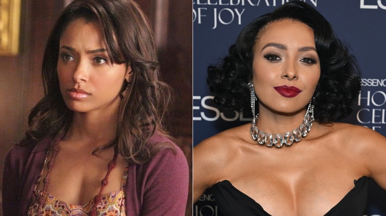 Bonnie frowning in "The Vampire Diaries" and Kat Graham smiling at the 2025 ESSENCE Holiday Special in Georgia in 2025.