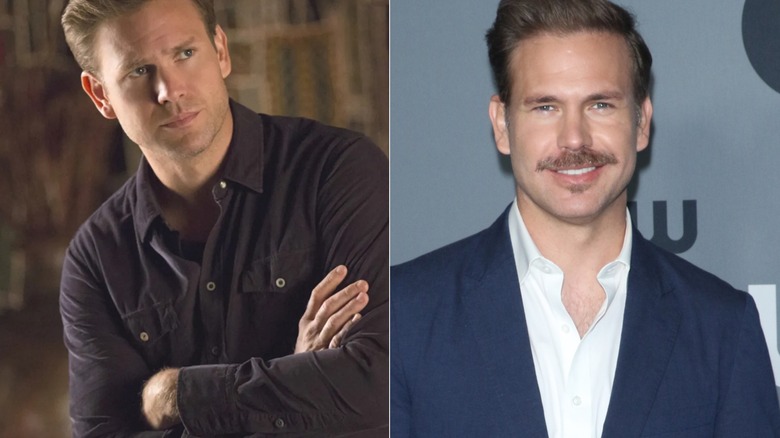 Alaric frowning in "The Vampire Diaries" and Matthew Davis smiling at the 2019 CW Network Upfront in New York City.