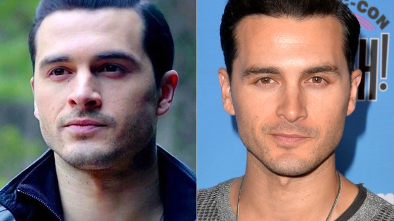 Enzo frowning in "The Vampire Diaries" and Michael Malarkey smiling at the Entertainment Weekly Comic-Con Celebration at Float in California in 2019.