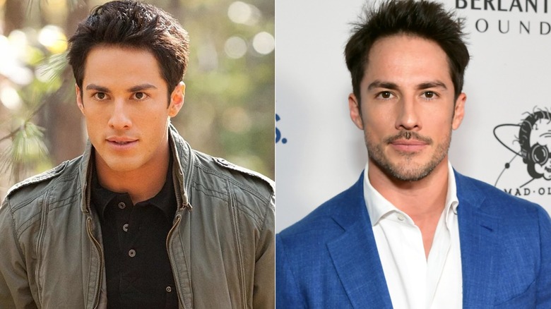 Tyler frowning in "The Vampire Diaries" and Michael Trevino smiling at the "Barbara Berlanti Heroes Gala" Benefiting F*ck Cancer in California in 2022.