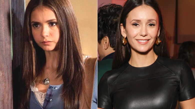 Elena frowning in "The Vampires Diaries" and Nina Dobrev smiling at the Arby's Cinema Center for the "Gail Daughtry and the Celebrity Sex Pass" afterparty in Utah in 2026.