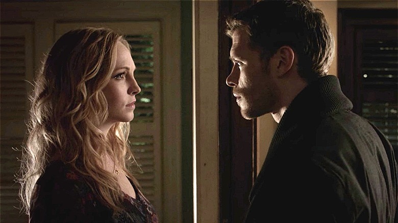 Klaus and Caroline in formal wear in The Vampire Diaries