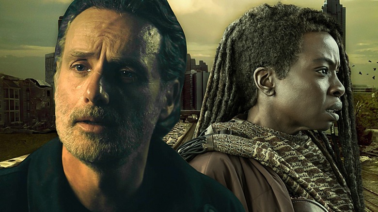 Rick and Michonne with city