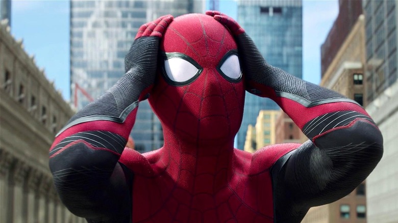 Spider-Man with hands on head looking stressed (2019)