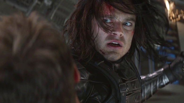 Bucky Barnes looking shocked while fighting Captain America