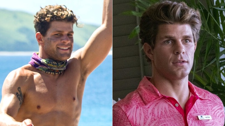Alec raising his arm up in "Survivor" and Hutch with his mouth open on "The White Lotus."