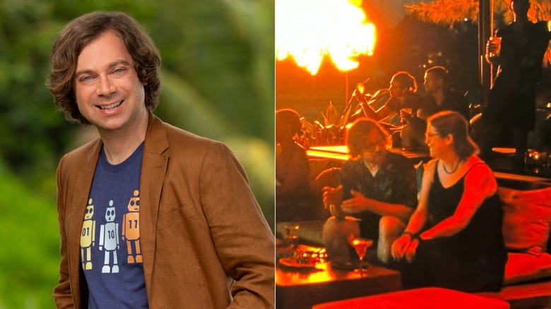 Christian smiling in "Survivor" promotional imagery and Christian sitting on a couch in "The White Lotus."