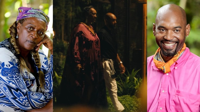 Natalie leaning against her hand in "Survivor," Natalie and Carl walking in the dark in "The White Lotus," and Carl smiling in "Survivor."