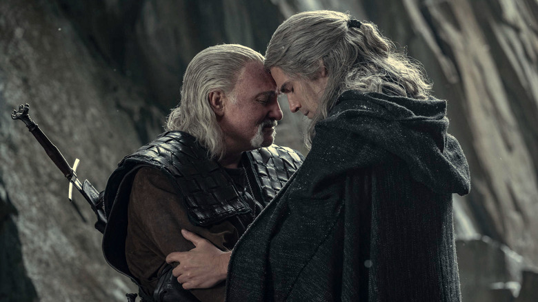 Vesemir embraces Geralt of Rivia