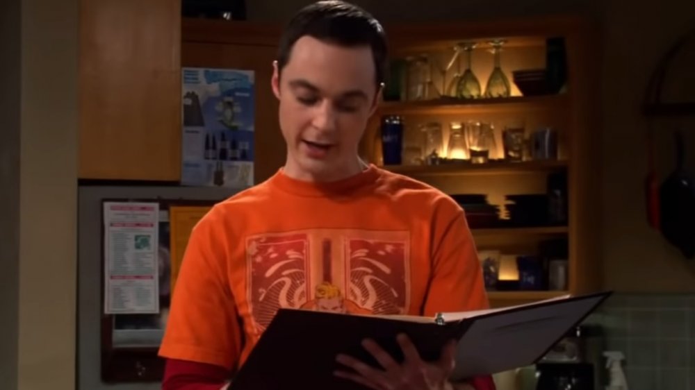 Jim Parsons as Sheldon Cooper reading from the Roommate Agreement on The Big Bang Theory