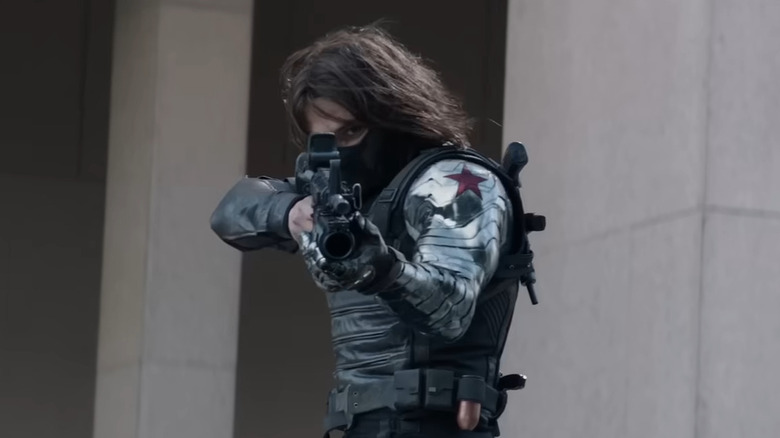 Bucky Barnes as the Winter Soldier aiming gun