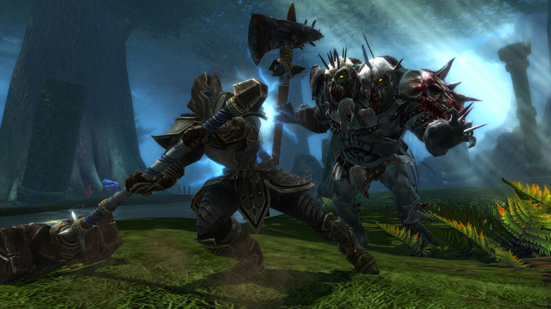 hammer-wielding warrior fighting monster