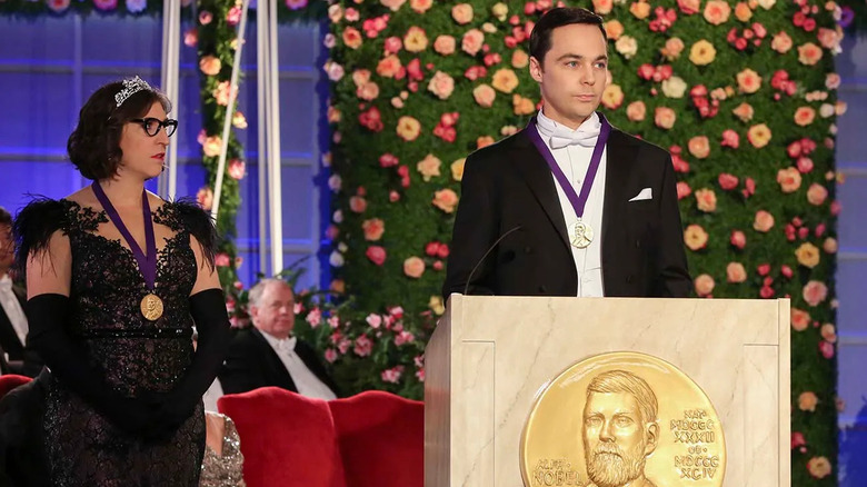 Amy and Sheldon accepting their Nobel on The Big Bang Theory