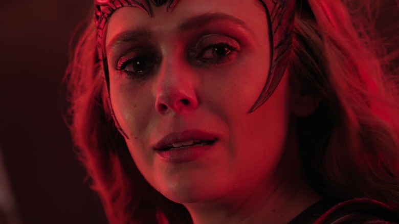 The Scarlet Witch in tears bathed in red