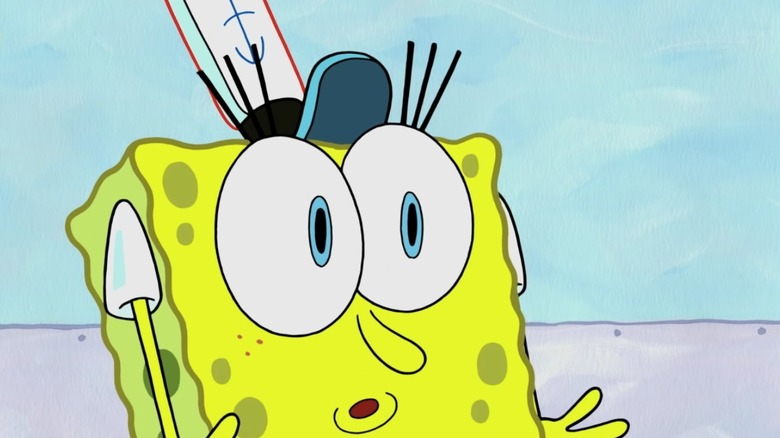SpongeBob SquarePant's eyes wide in shock
