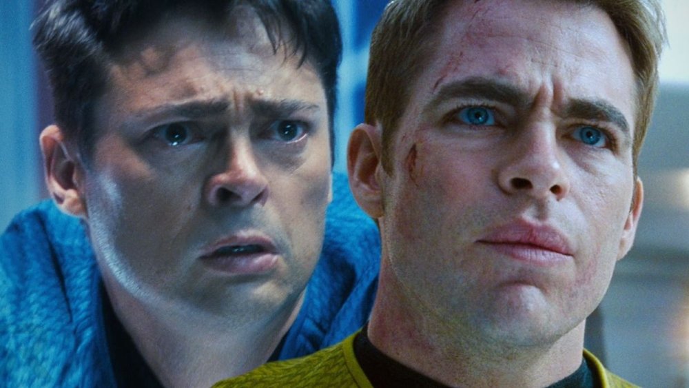 Karl Urban and Chris Pine as Dr. McCoy and James T. Kirk in Star Trek (2009)