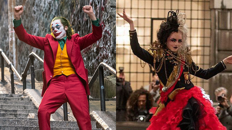 Joaquin Phoenix as the Joker and Emma Stone as Cruella
