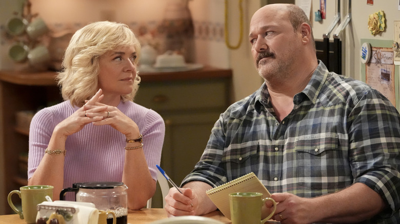 Audrey and Jim are annoyed in "Georgie & Mandy's First Marriage"