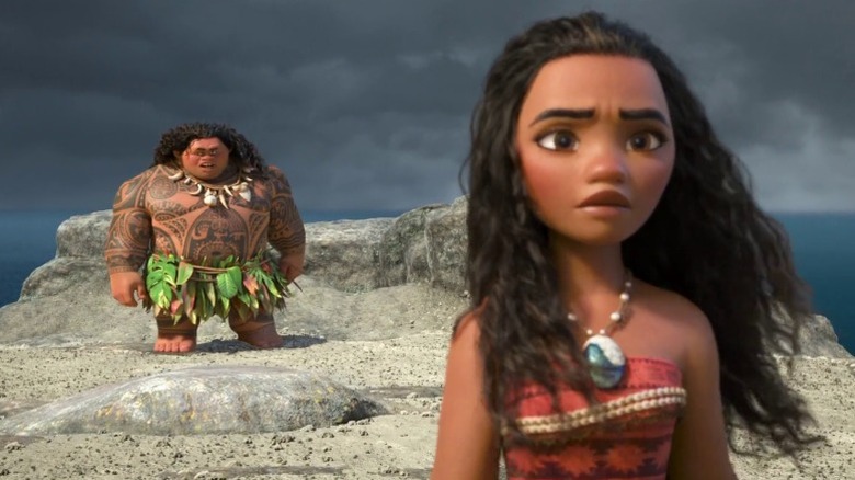 Maui talking snarkily while standing behind Moana