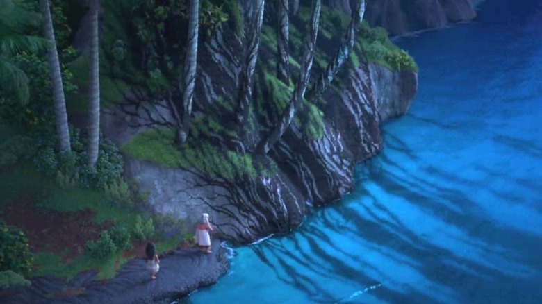 Moana and Tala standing by a forest cliff infiltrated by darkness