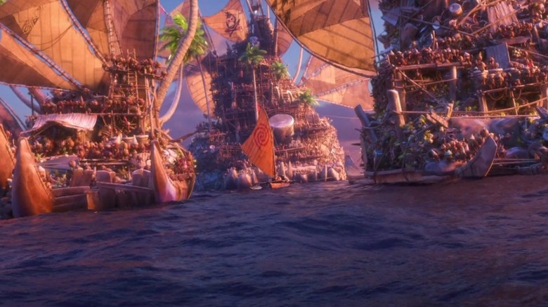 Moana and Maui surrounded by Kakamora boats