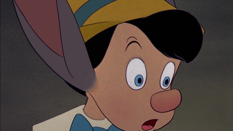 Pinocchio with donkey ears and a surprised expression