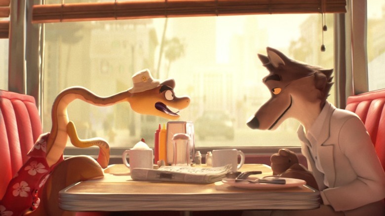Snake and Wolf chatting in a diner