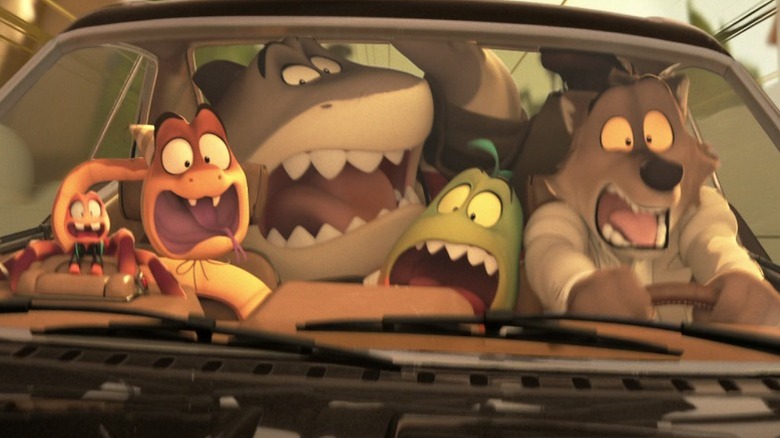 The Bad Guys driving a car down stairs