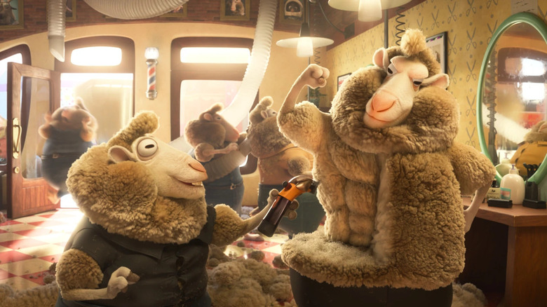 A sheep barber shears Ed Shearin in "Zootopia 2" (2025)