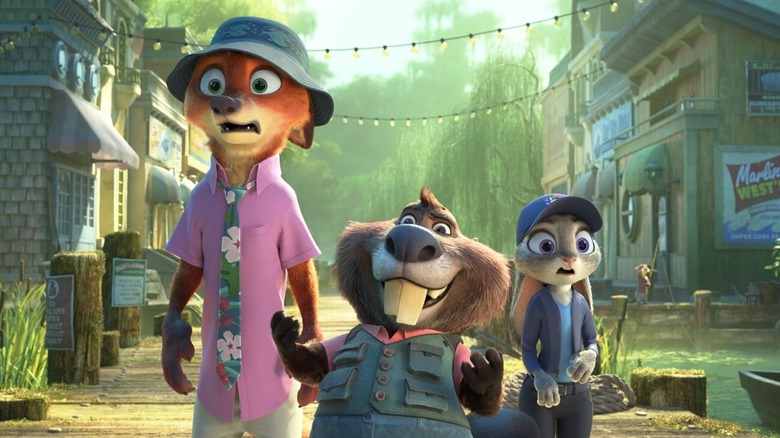Nibbles leads Nick and Judy around Marsh Market in "Zootopia 2" (2025)