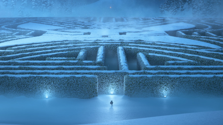 Pawbert enters a hedge maze in the snow in "Zootopia 2" (2025)
