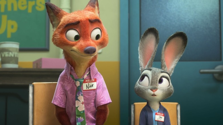 Nick and Judy wear name tags in therapy in "Zootopia 2" (2025)
