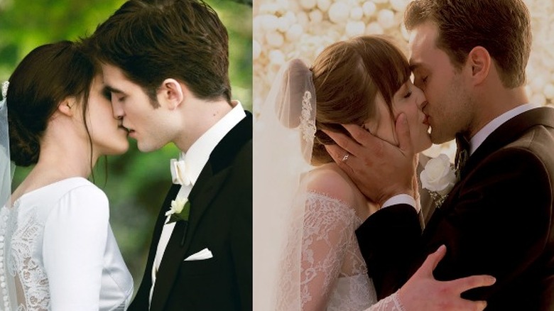 Edward and Bella get marred in Breaking Dawn pt 1 (left), Ana and Christian wed in Fifty Shades Freed (right)