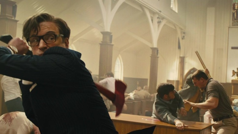 Harry wielding a fire ax in a church fight