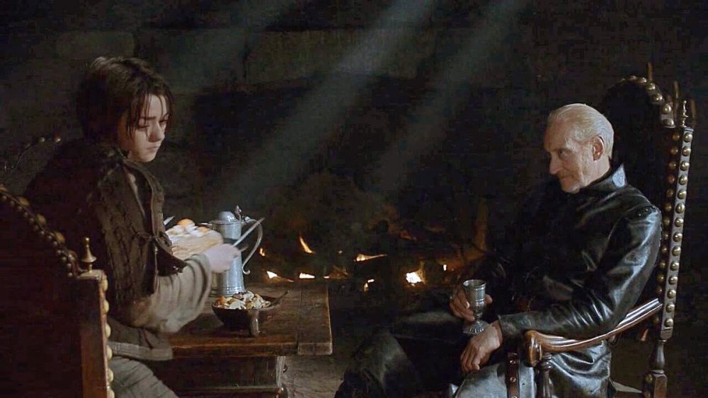 Maisie Williams as Arya Stark and Charles Dance as Tywin Lannister in Game of Thrones