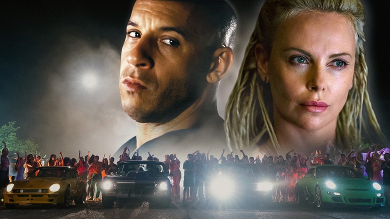 Dom and Cipher's faces above the scene of a street race