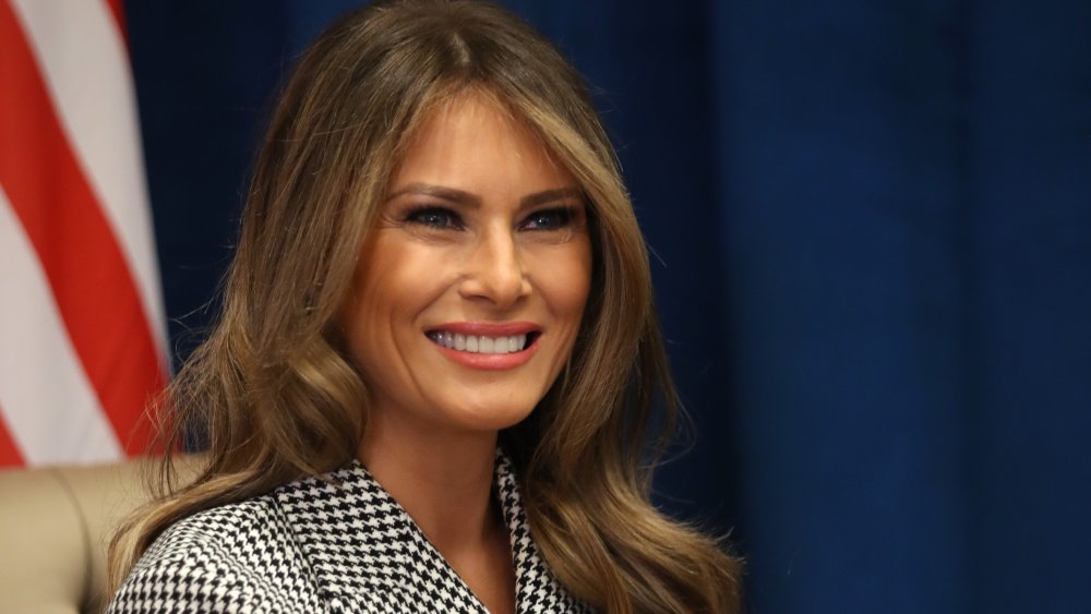 Melania Trump in a black-and-white patterned coat