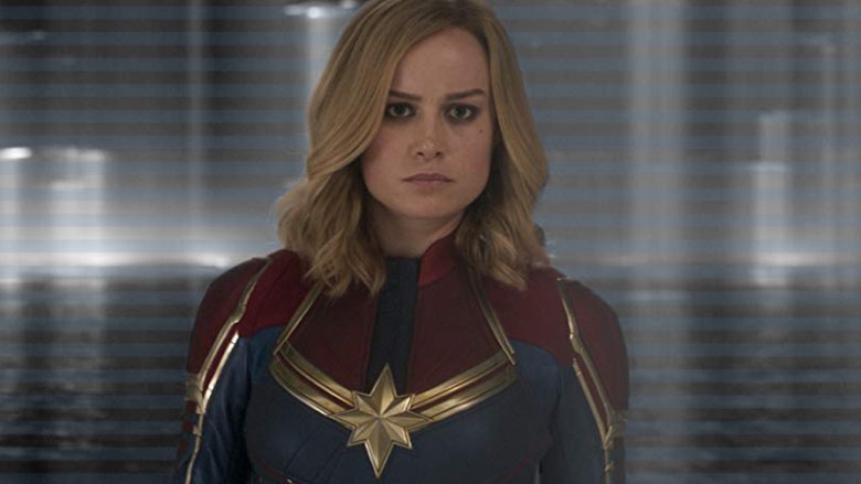 Brie Larson as Captain Marvel red blue and gold uniform