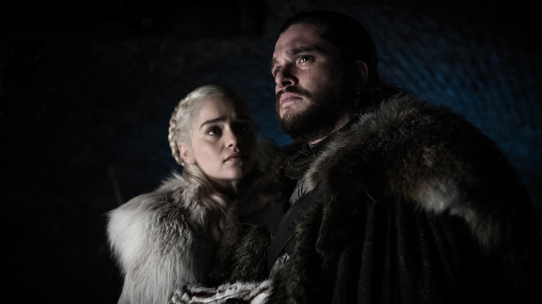 Daenerys Targaryen looking at Jon Snow on Game of Thrones