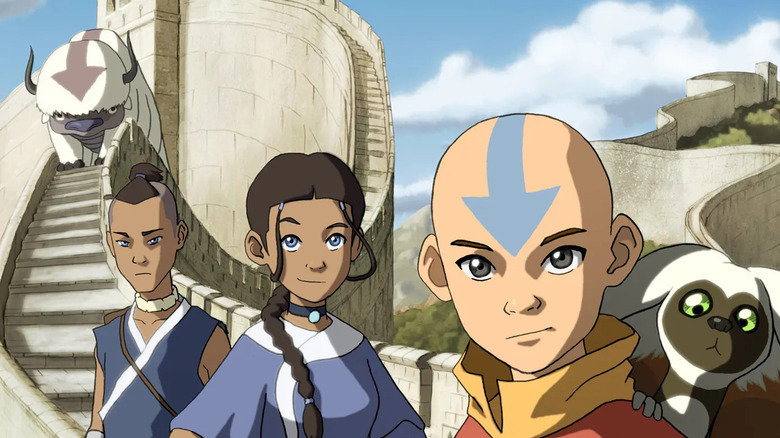 Appa, Sokka, Katara, Aang, and Momo