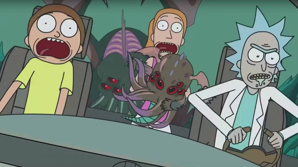 Rick, Morty, and Summer smuggle a baby Cthulhu in the opening sequence of Rick and Morty