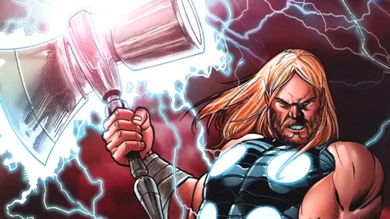 Thor the God of Thunder wielding the mighty hammer Mjollnir or