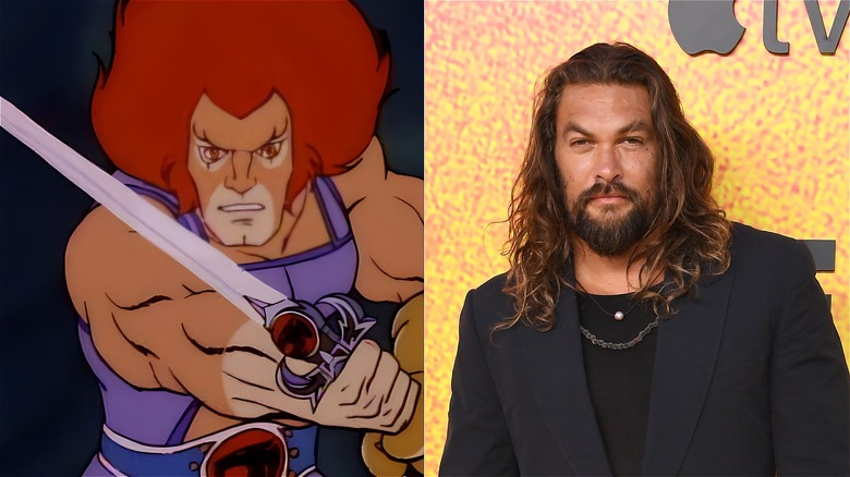 Lion-O with his sword raised next to Jason Momoa