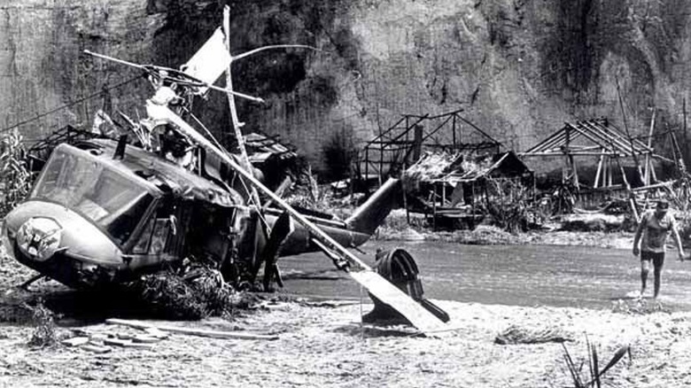 Helicopter crash Vietnam movie set