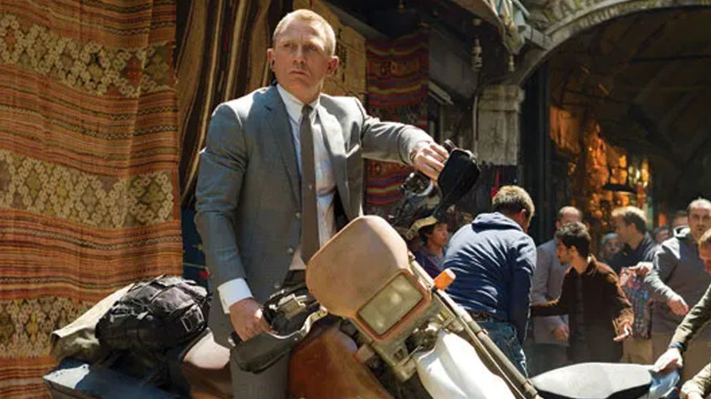 Bond mounts a motorcycle in "Skyfall"
