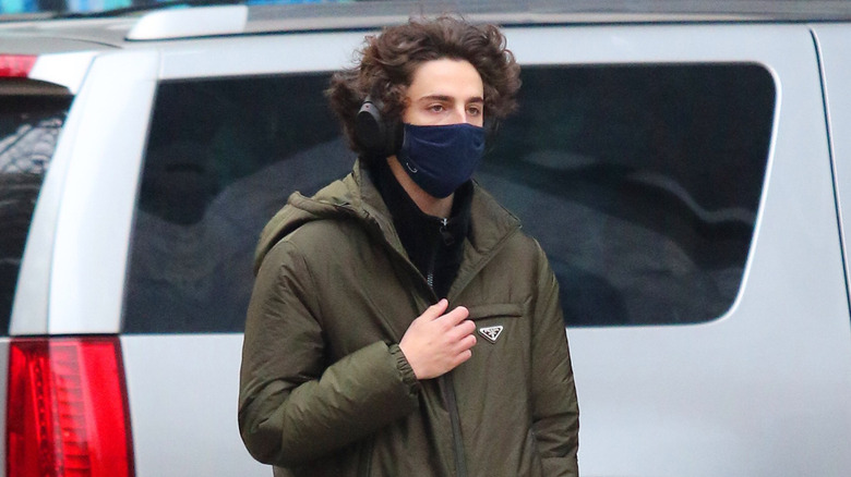 Timothee Chalamet walking outside with a mask on in 2020