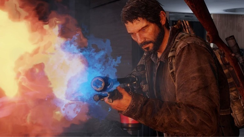 Joel wields a flamethrower