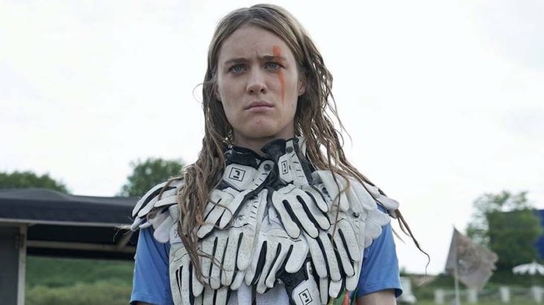 Kirsten in costume outside in "Station Eleven"