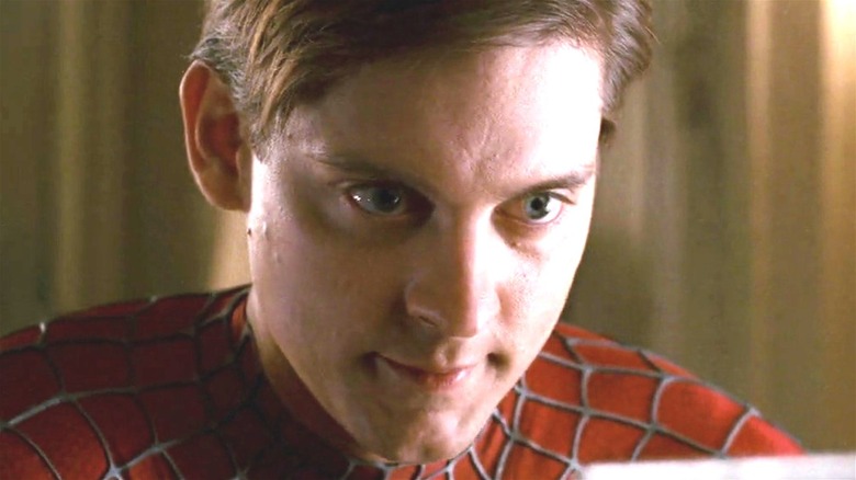 Tobey Maguire as Spider Man looking serious